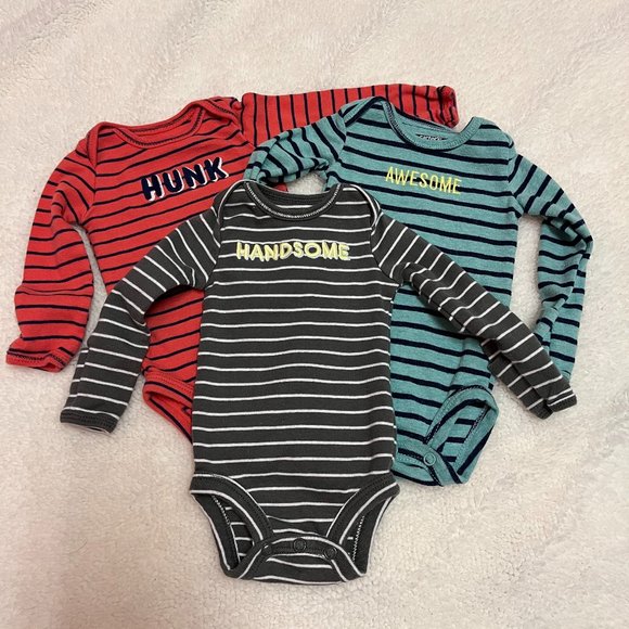 Carter's Striped Long Sleeve Onesie 3-Piece Bundle Green/Grey/Orange Newborn - Picture 1 of 8